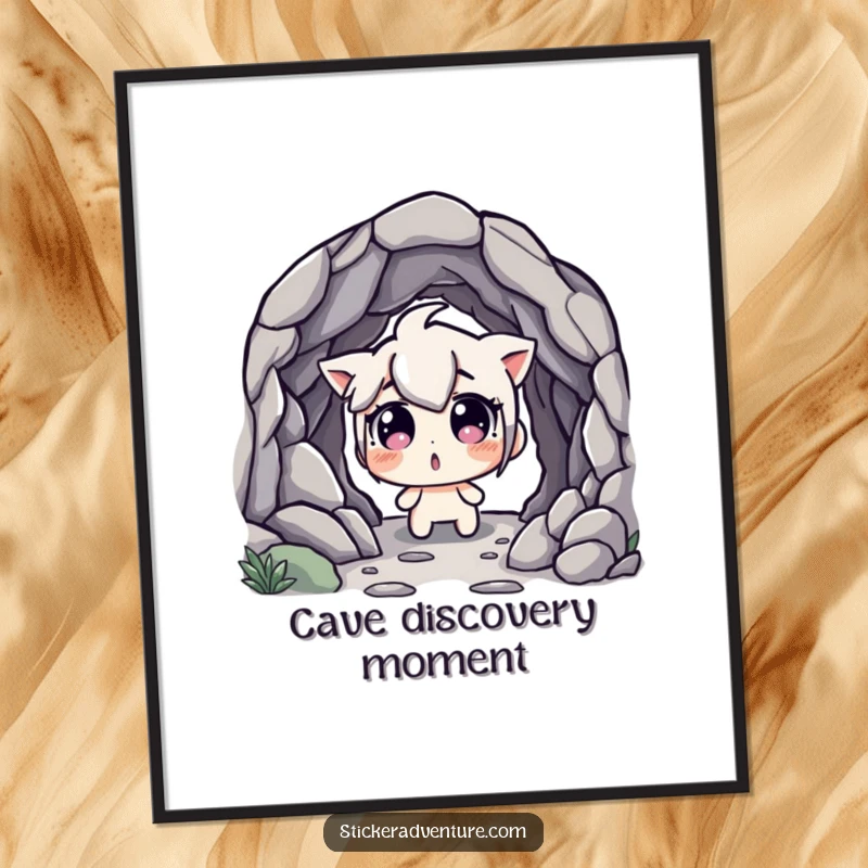 Funny Digital Art Print: Character discovering a hidden cave entrance with wide, surprised eyes, a humorous and intriguing wall art.