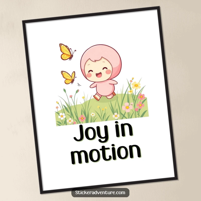 Funny chasing butterfly digital art print, showing a smiling character joyfully chasing a fluttering butterfly through a vibrant meadow.