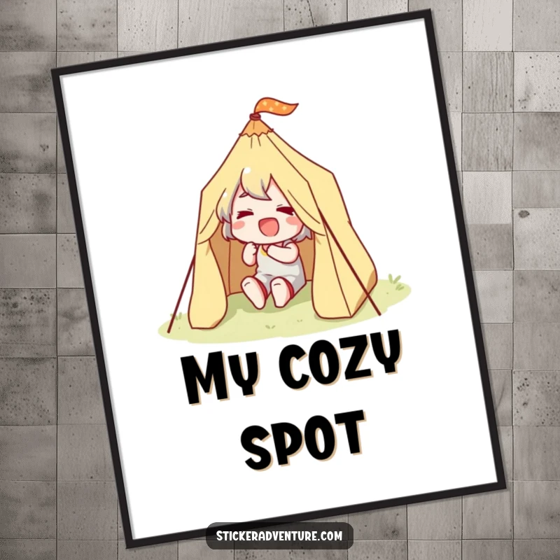 Funny Happy Camper Digital Art Print: A graphic of a character joyfully setting up a tiny tent with happy effort.