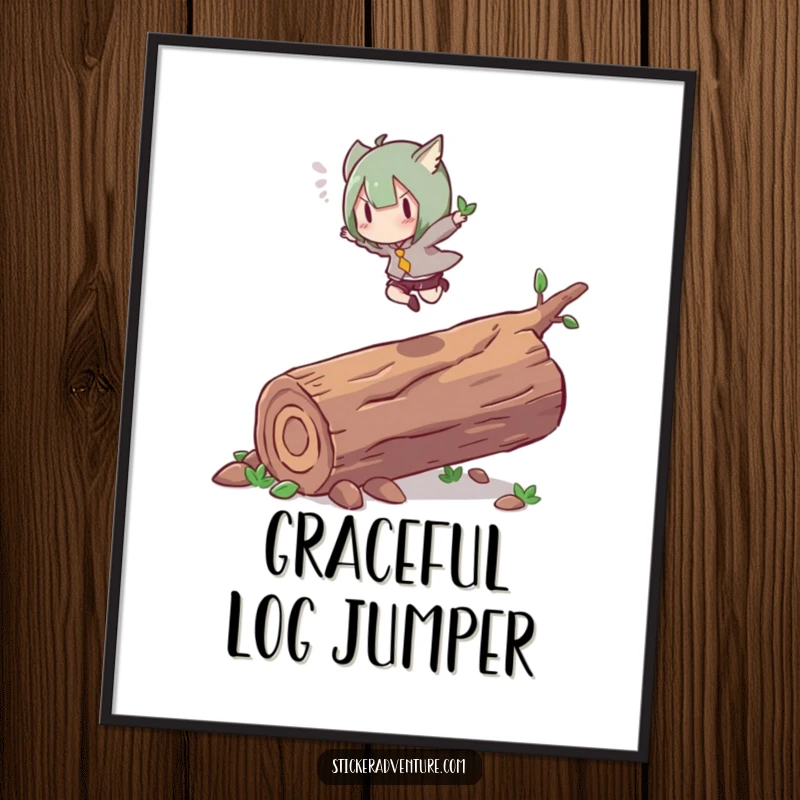 Funny digital art print of a character energetically leaping over a fallen log with graceful agility. Motivational and humorous wall art.