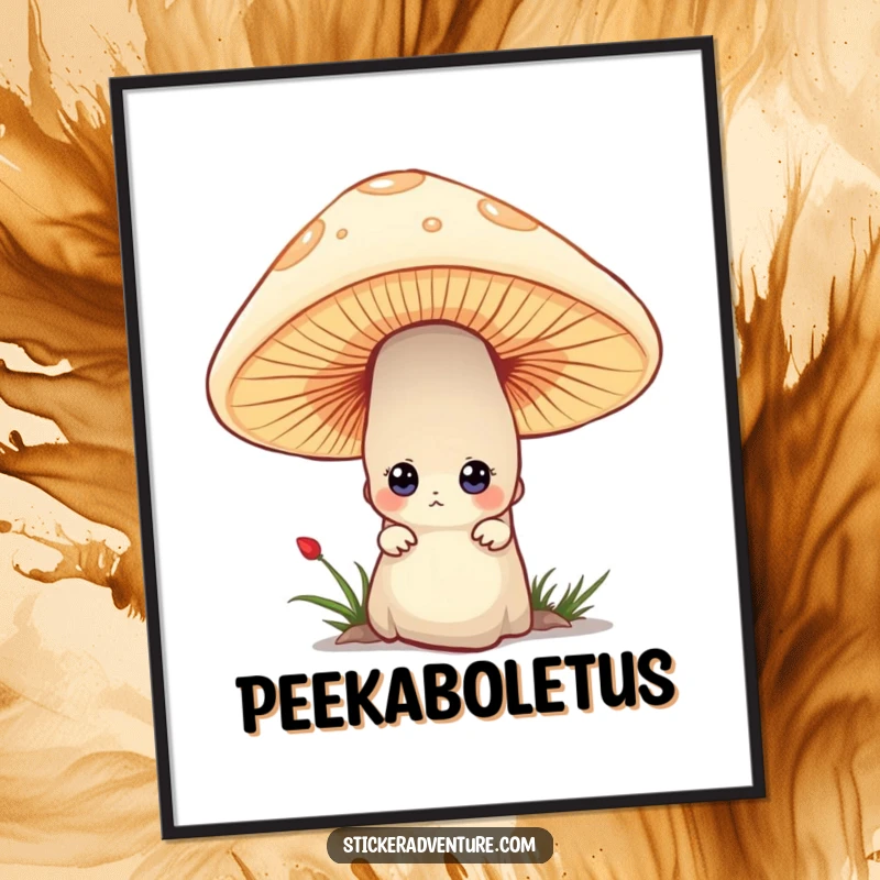 Funny digital art print of a tiny character peeking curiously from behind a large mushroom, creating a magical and intriguing scene.