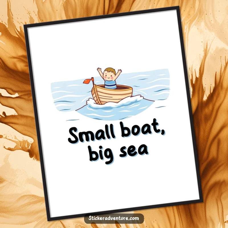 Funny digital art print of a small, happy character waving from a small boat on a vast ocean, capturing a moment of peaceful humor.