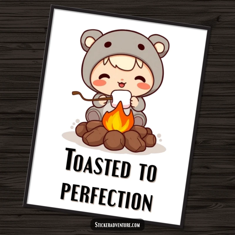 Funny digital art print of a cute character roasting a marshmallow over a campfire, bringing cozy humor and charm.