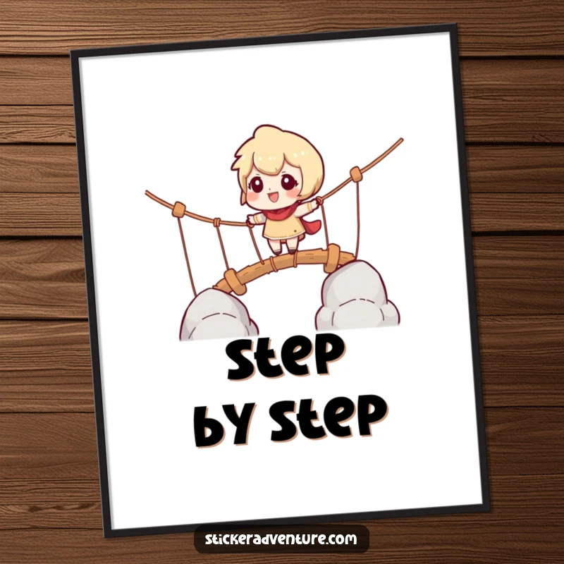 Funny digital art print of a character cautiously navigating a rope bridge with playful challenge, for adventurous wall art.