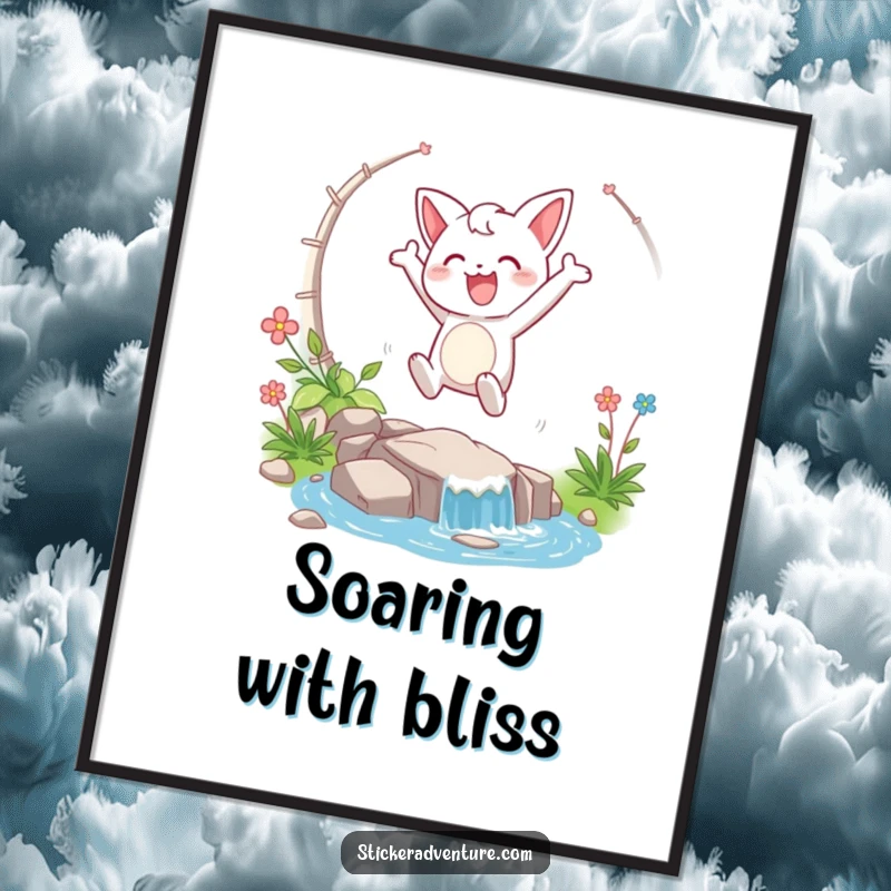 Funny digital art print of a happy character taking a triumphant leap over a stream, symbolizing joy and accomplishment.