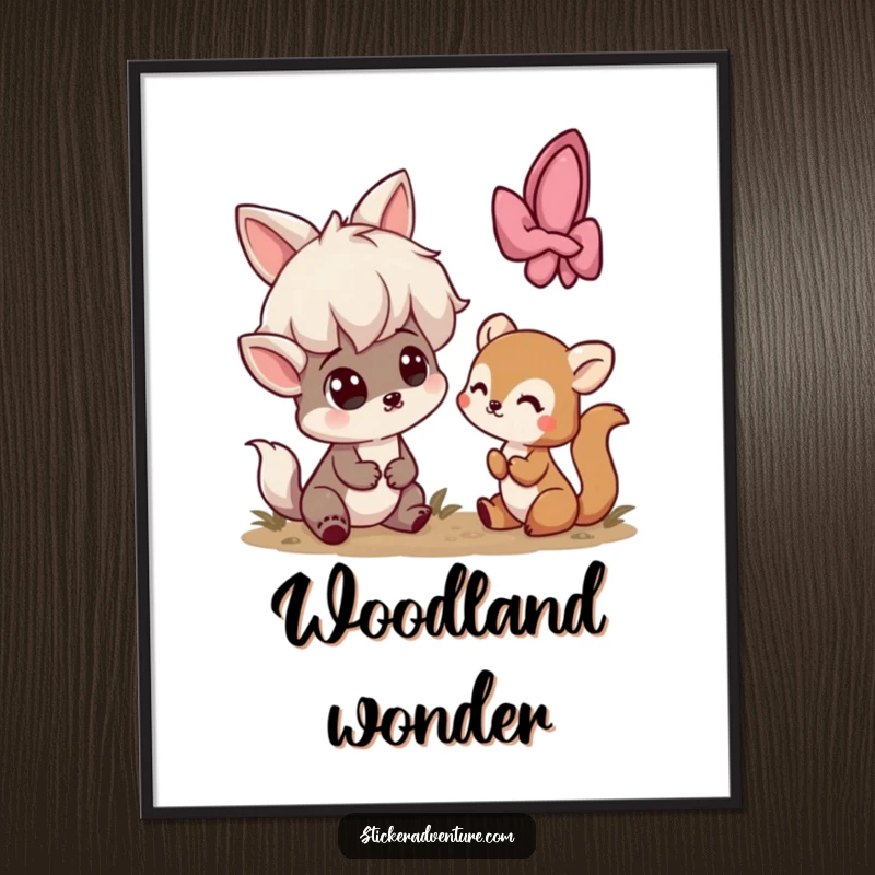 Funny digital art print of a playful character looking surprised upon encountering a small, shy woodland creature.