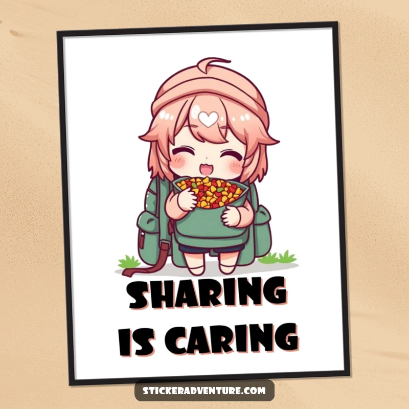 Funny digital art print of a character delightedly sharing trail mix from a backpack, offering a piece, for wall decor.