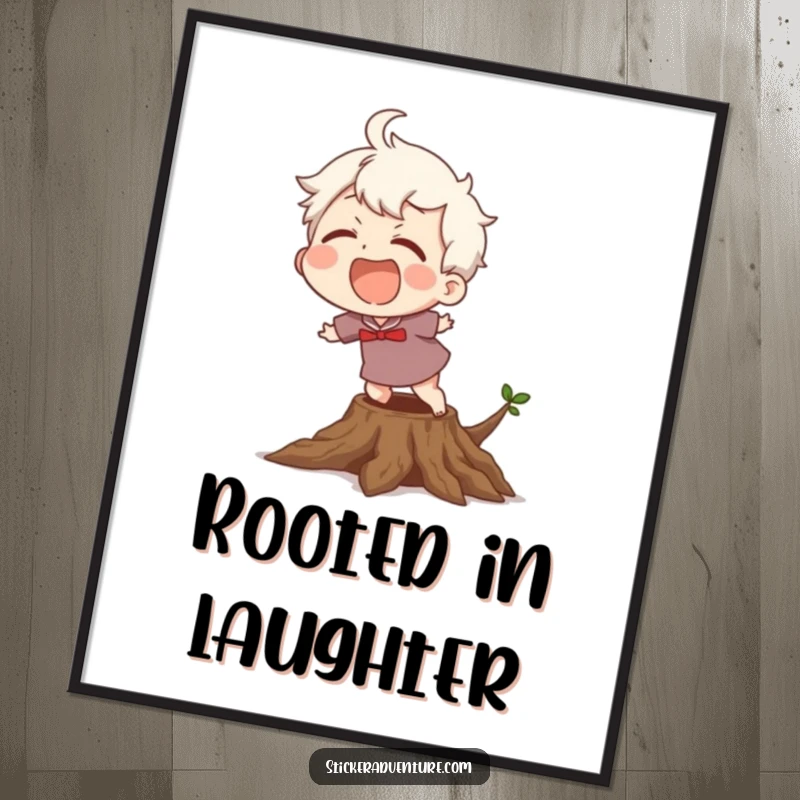 Funny Digital Art Print: A character laughing heartily while stumbling over a visible tree root, evoking amusement.