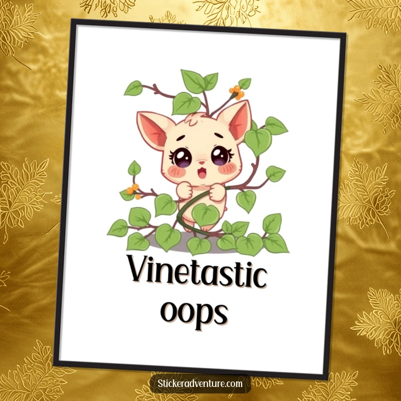 Funny digital art print of a small character comically tangled in a vine, showing a surprised and bewildered look, instantly downloadable.