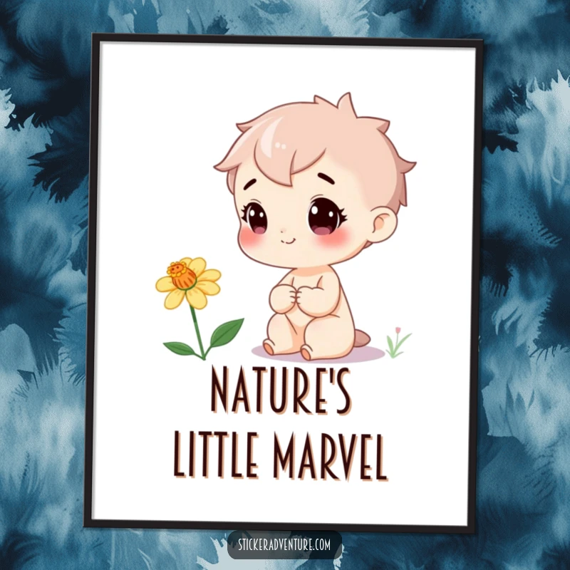 Funny Digital Art: Cheerful character with a delighted expression examines a rare wildflower, perfect for whimsical wall decor.