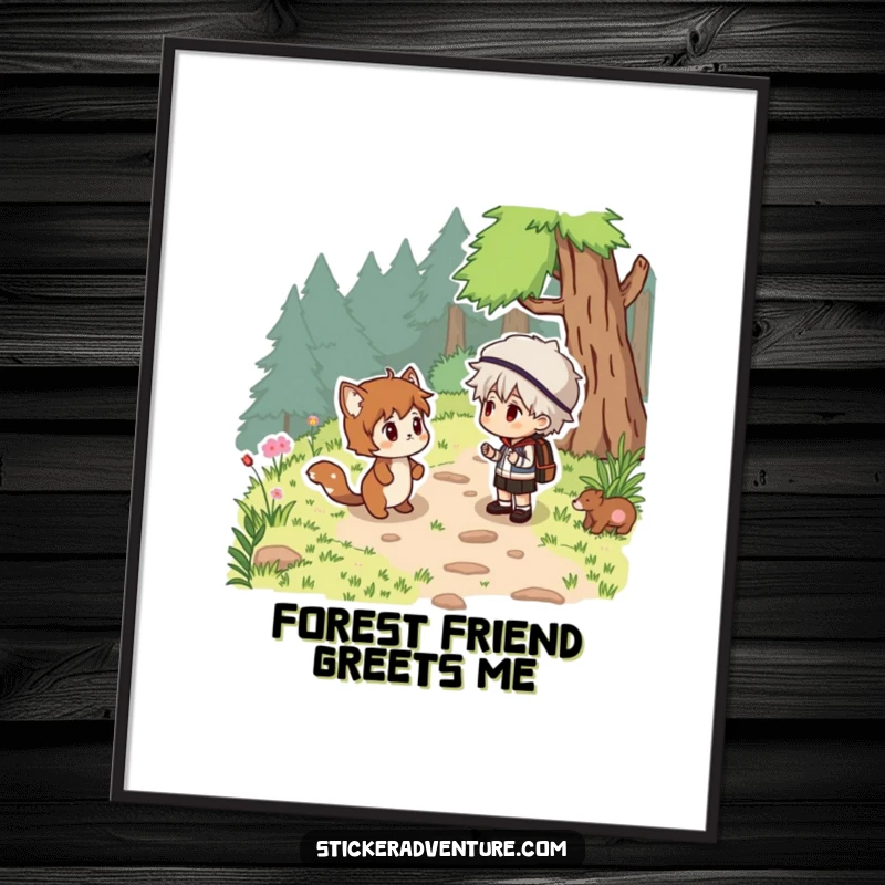 Funny woodland surprise digital art, a person and a friendly animal on a trail, high-resolution humorous artwork.