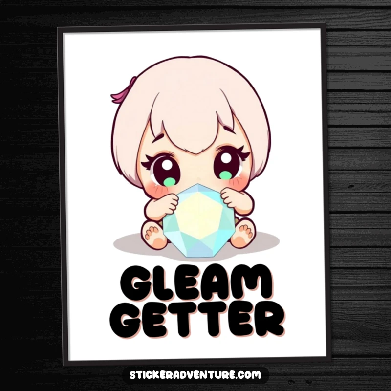 Funny digital art print of a character with wide eyes, joyfully discovering a brilliant, sparkling gem.