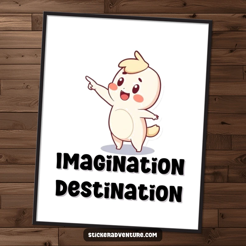 Funny digital art print of a tiny character filled with wonder, pointing enthusiastically towards an unknown, exciting destination.