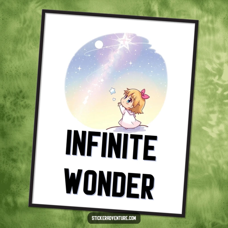 Funny digital art print of a joyful character looking up in awe at a vast, sparkling starlit night sky.