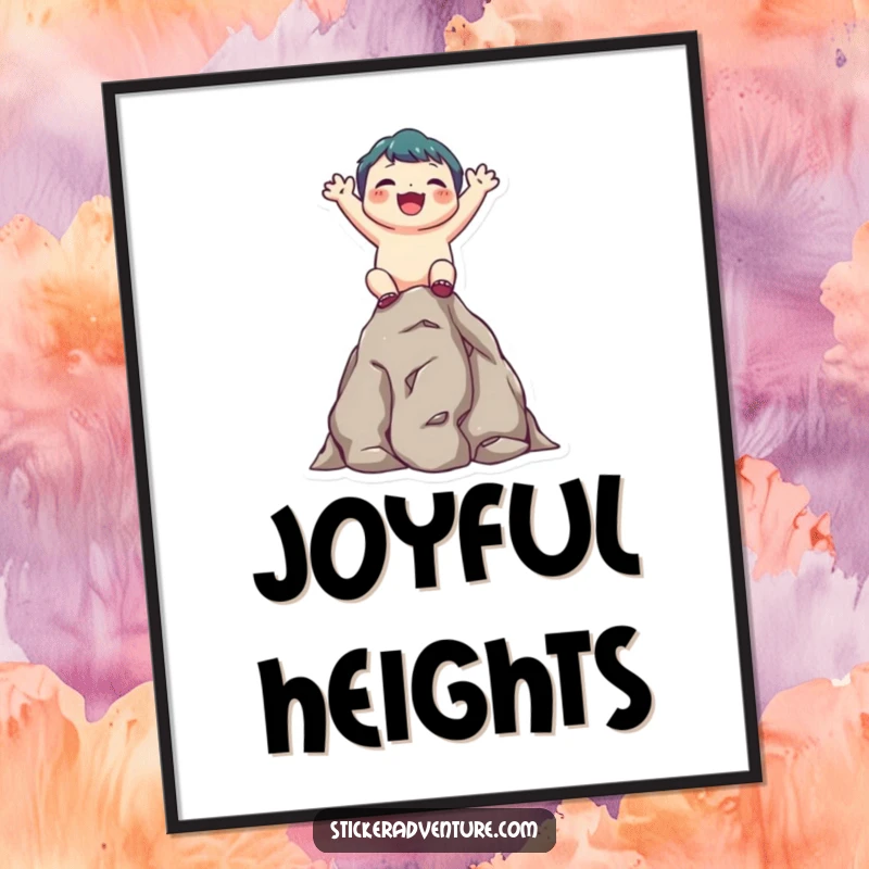 Funny digital art print of a cute character joyfully scaling a rocky outcrop, beaming upwards with enthusiasm and success.
