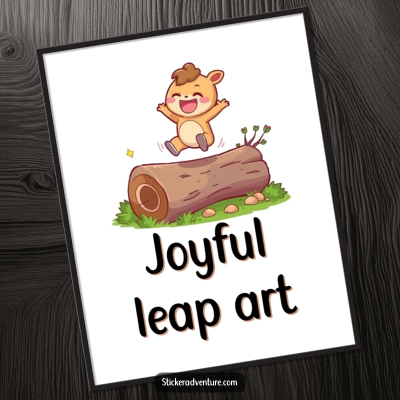Funny character digital art print of a character leaping over a log, offering immediate joyful and humorous decor.