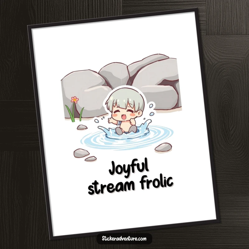 Funny splashing stream digital art, a character joyfully splashing in a clear brook, high-resolution humorous artwork.
