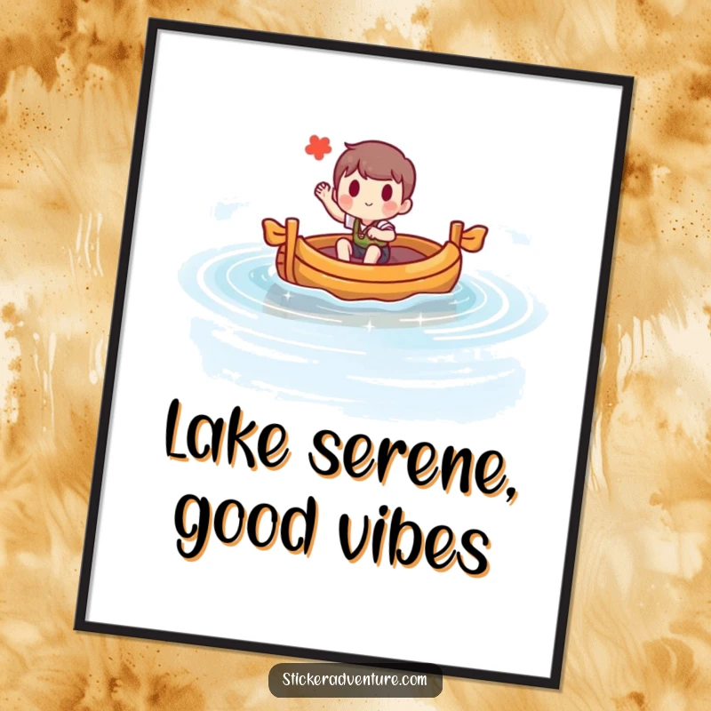 Funny digital art print of a character steering a raft on a sparkling lake, waving with pure joy. Humorous wall decor.