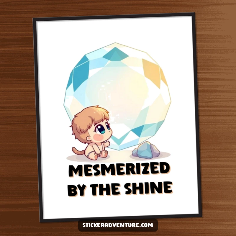 Funny digital art print of a curious character gazing in wonder at a giant, sparkling gemstone, capturing enchantment and awe.