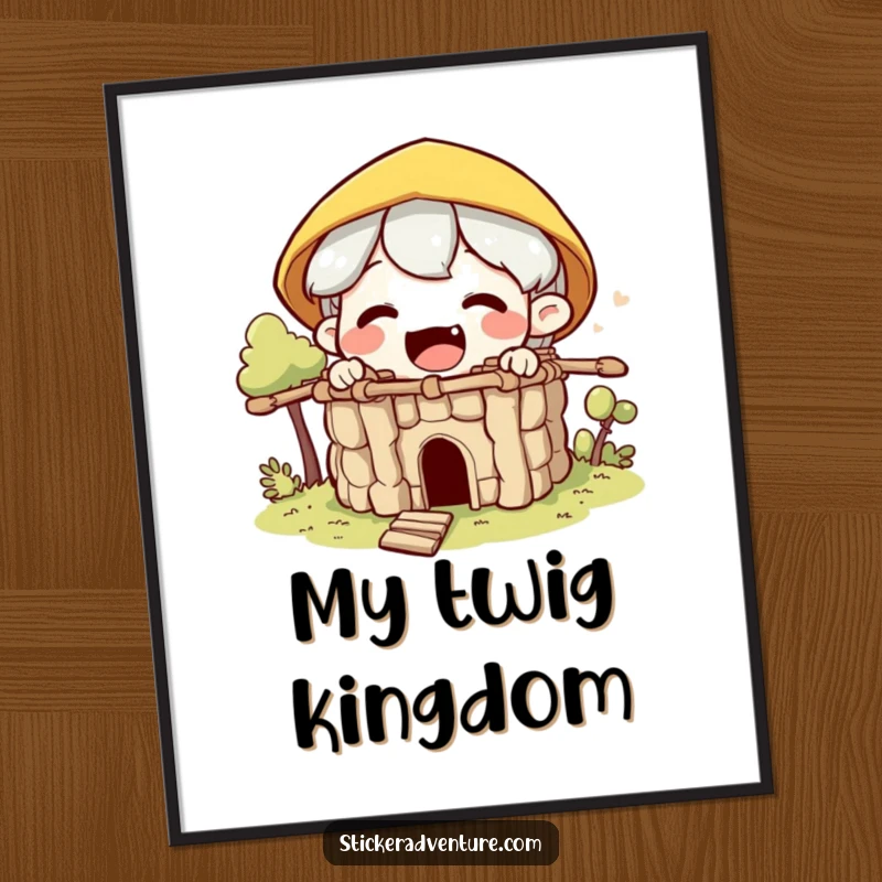 Funny builder character digital art print, showing an excited character building a small fort from sticks, vibrant and inspiring.