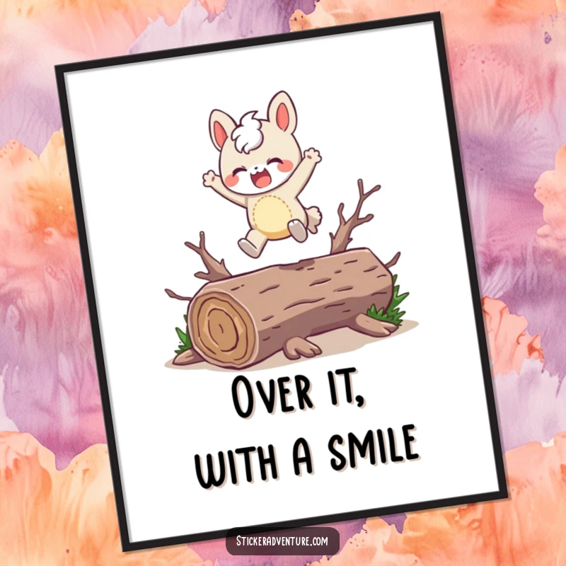 Digital Art Print: Funny character playfully leaping over a fallen log with a joyful expression, embodying happiness.