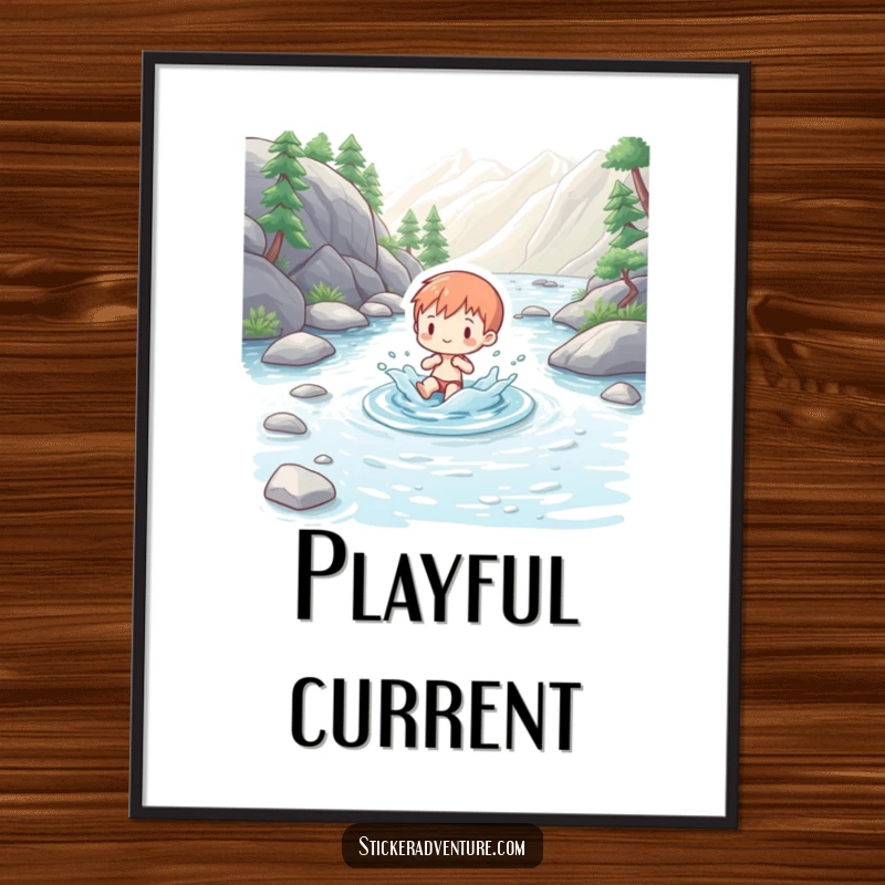 Funny digital art print of a charming figure playfully splashing in a clear mountain stream, ready for printing.