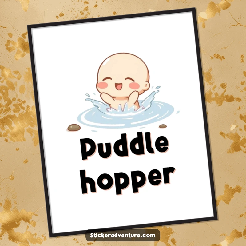 Funny digital art print of a small character gleefully splashing in a stream with eyes closed, a vibrant and joyful visual.