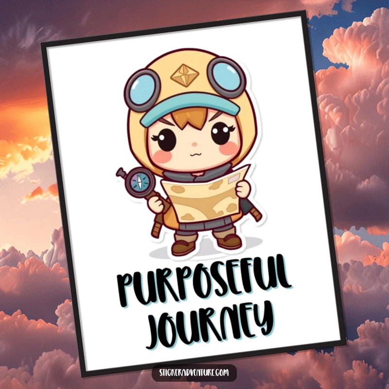 Funny digital art print of a determined Kawaii character holding a map and compass, ready for an exciting journey.