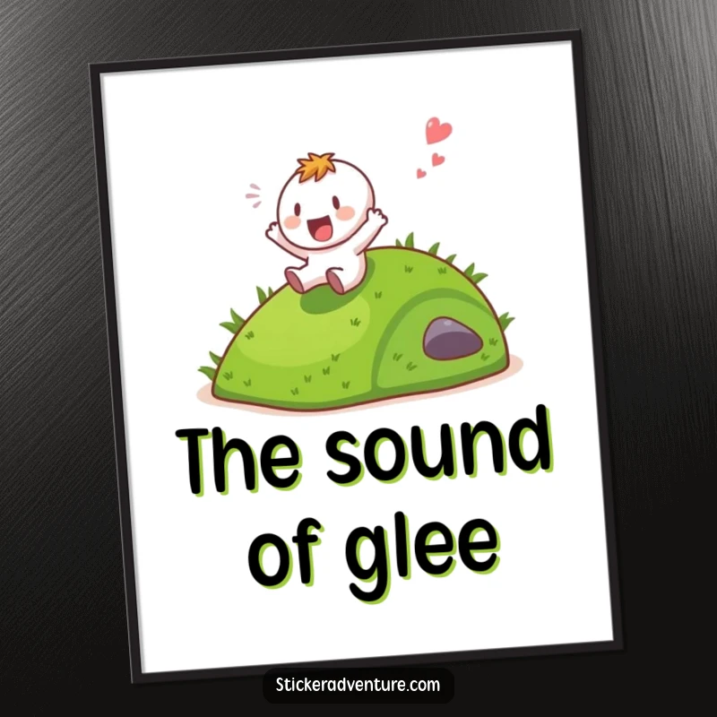 Funny character sliding down a grassy hill with a gleeful shout, available as an instant download digital art print.