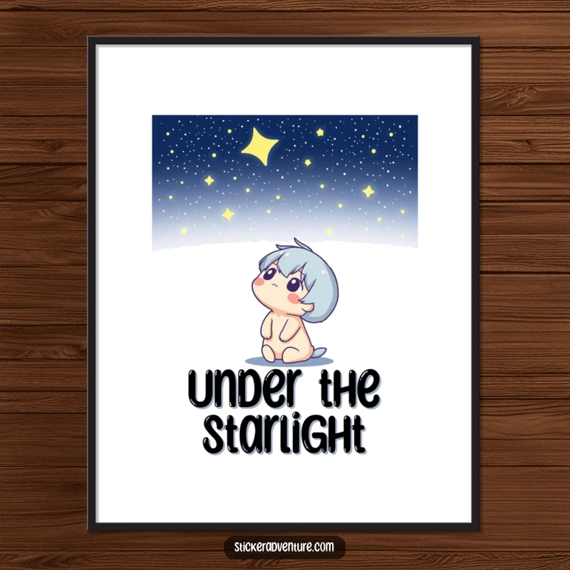 Funny digital art print of a character looking up at a starry night sky, evoking wonder and celestial humor.
