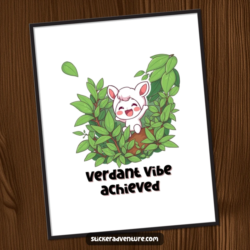 Funny digital art print of a character excitedly navigating dense foliage with a smile, symbolizing exploration and joy.