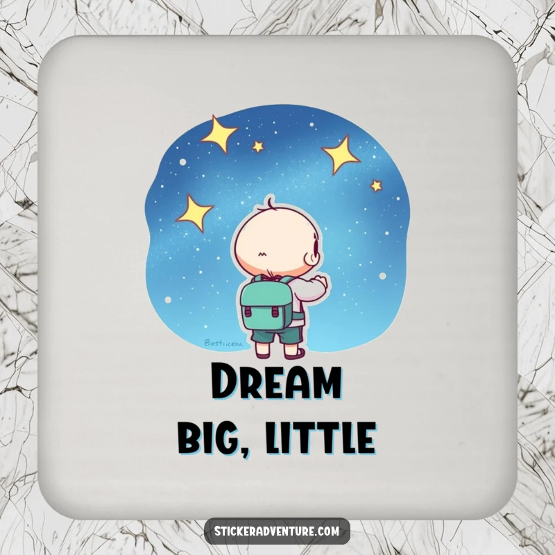Kawaii drink coaster showing a cute character with a backpack gazing at a starry night sky, adding charm to any table.