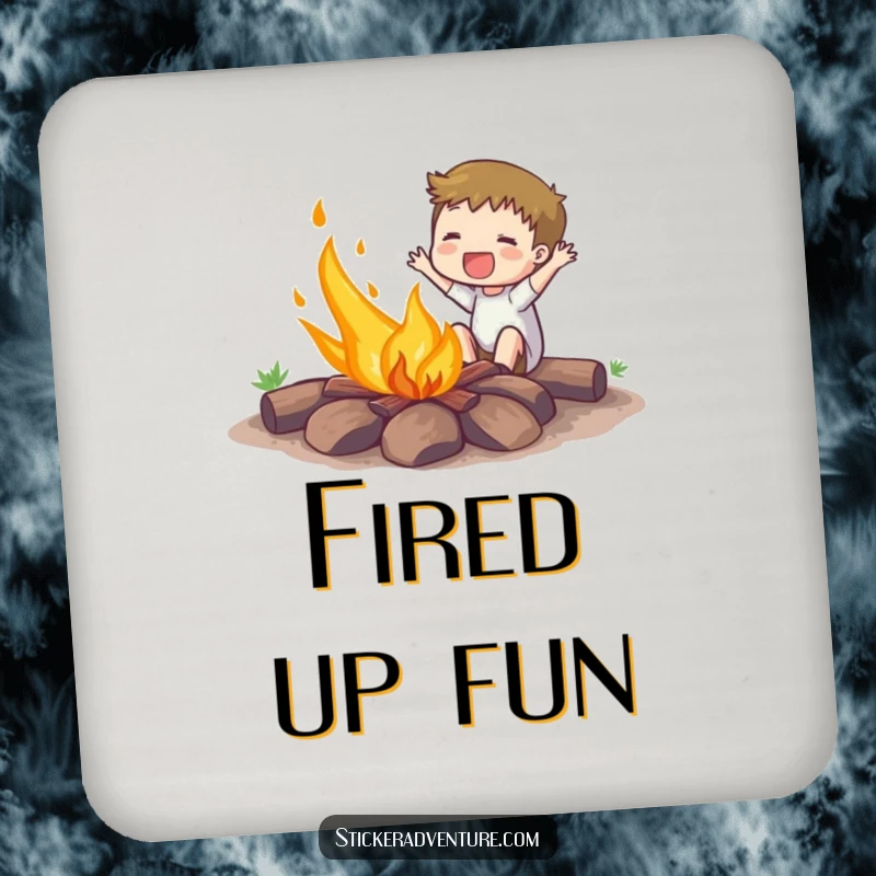 Funny coaster featuring an enthusiastic subject gleefully setting a small campfire ablaze, protecting surfaces with humor.