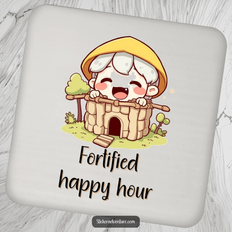 Funny builder character drink coaster, depicting an excited character building a small fort from sticks, protecting your table.