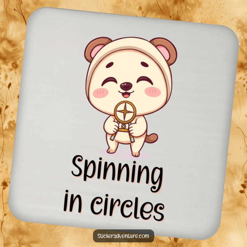 Funny Coasters: Character balancing a compass on their nose with clumsy delight, adding humorous protection to surfaces.