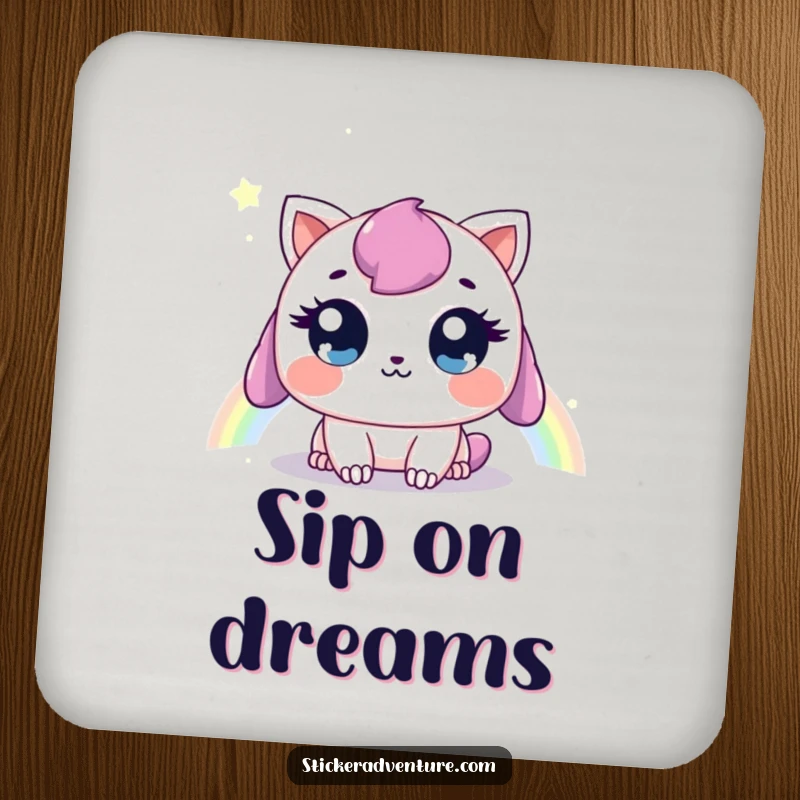 Funny coaster showcasing a sweet creature marveling at a rainbow, adding a touch of funny magic to any table.