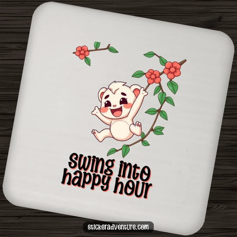 Funny drink coasters featuring a joyful character with a determined expression swinging from a vine, adding humor to any surface.
