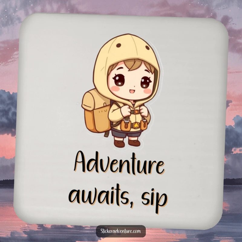 Funny exploration coaster set, a character with a backpack, ready to explore, protecting tables with humor.
