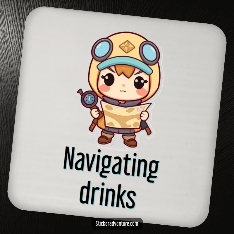 Funny drink coasters featuring a determined Kawaii character holding a map and compass, ready for any journey.