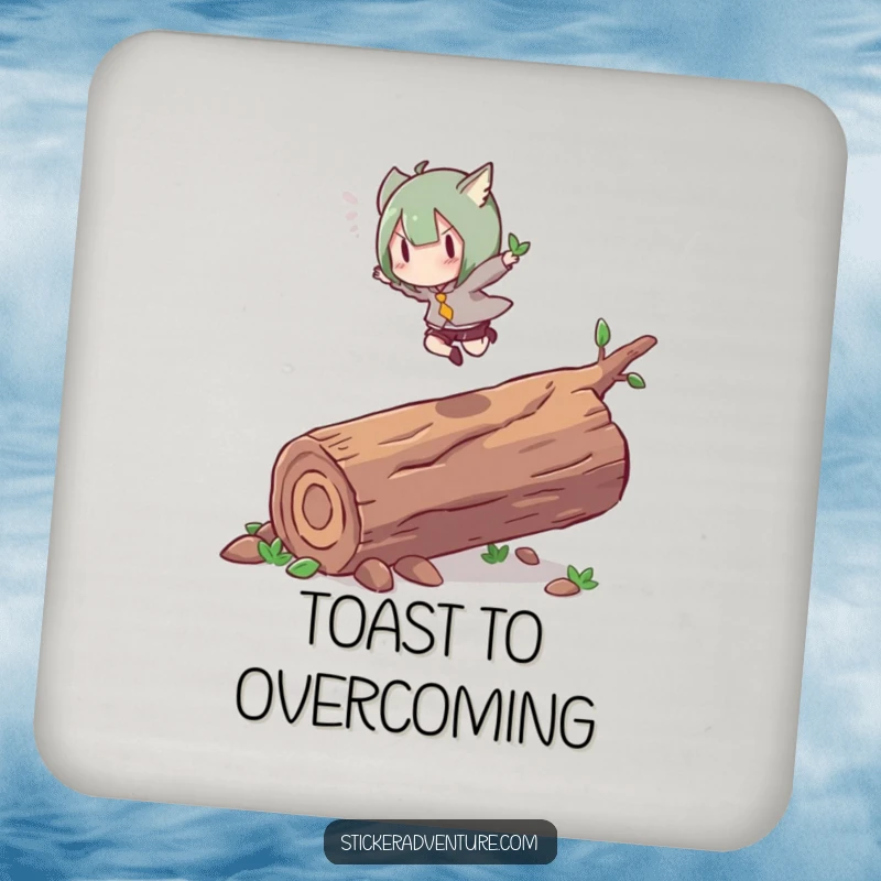 Funny drink coaster depicting a character energetically leaping over a fallen log with grace. Protects surfaces with humor.