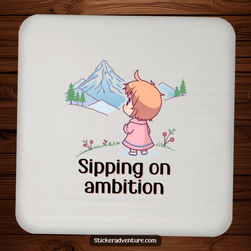 Funny drink coaster featuring a character looking at a mountain peak with humorous wonder, protecting surfaces with art.