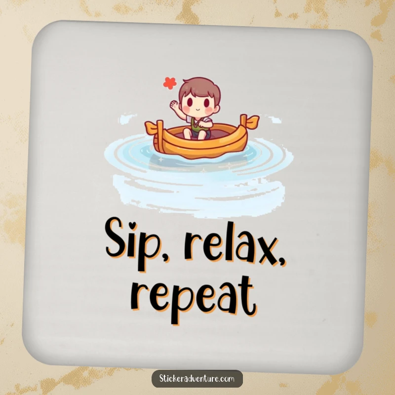 Funny drink coaster showing a character steering a raft on a lake, waving. Protects surfaces with humor.