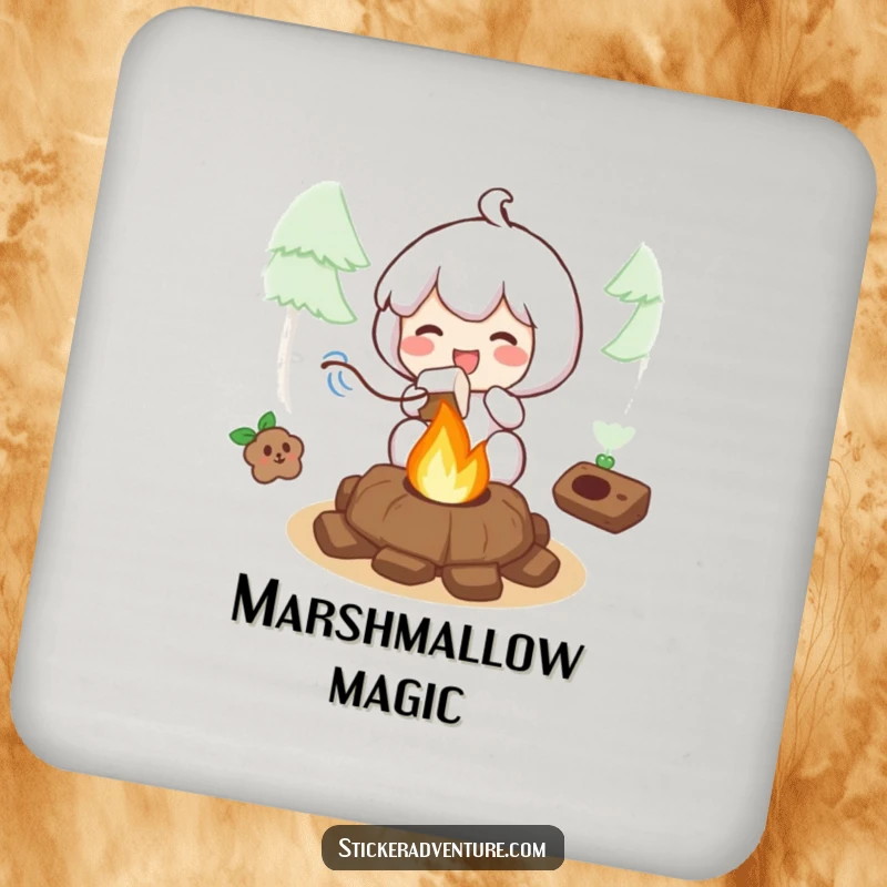 Funny drink coaster featuring a character joyfully roasting a marshmallow over a small campfire, adding charm to any surface.