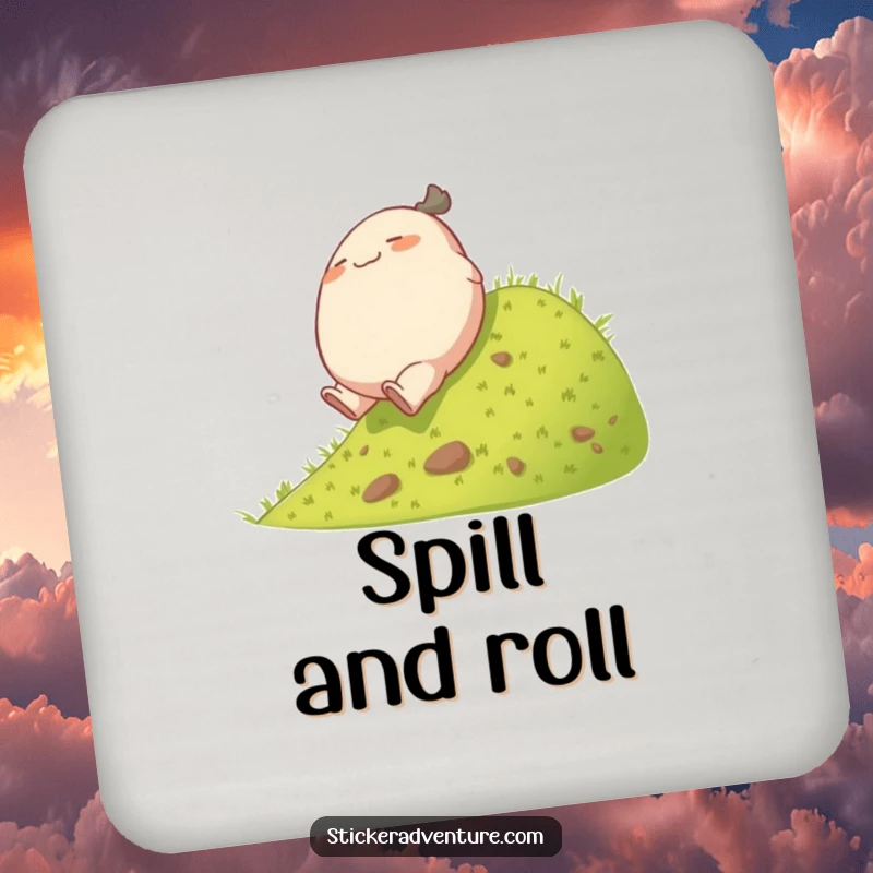 Funny rolling character drink coaster, depicting a plump character playfully tumbling down a grassy hill, for surface protection.
