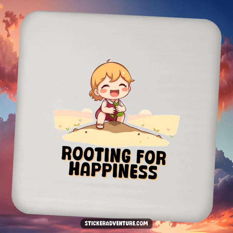 Funny Coaster: Cute character planting a tiny seedling in a vast landscape, adding a touch of nature and humor.