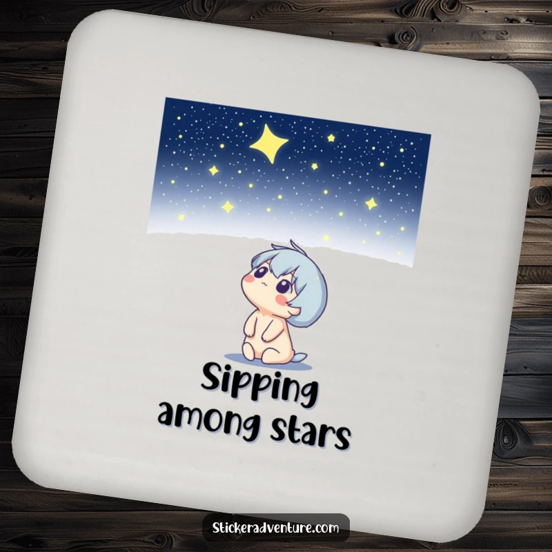 Funny drink coasters featuring a character looking up at a starry night sky, protecting surfaces with celestial charm.