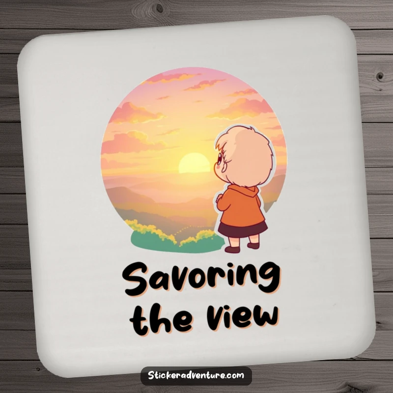 Funny drink coaster depicting a character gazing at a breathtaking sunset with awe. Protects surfaces with humor.