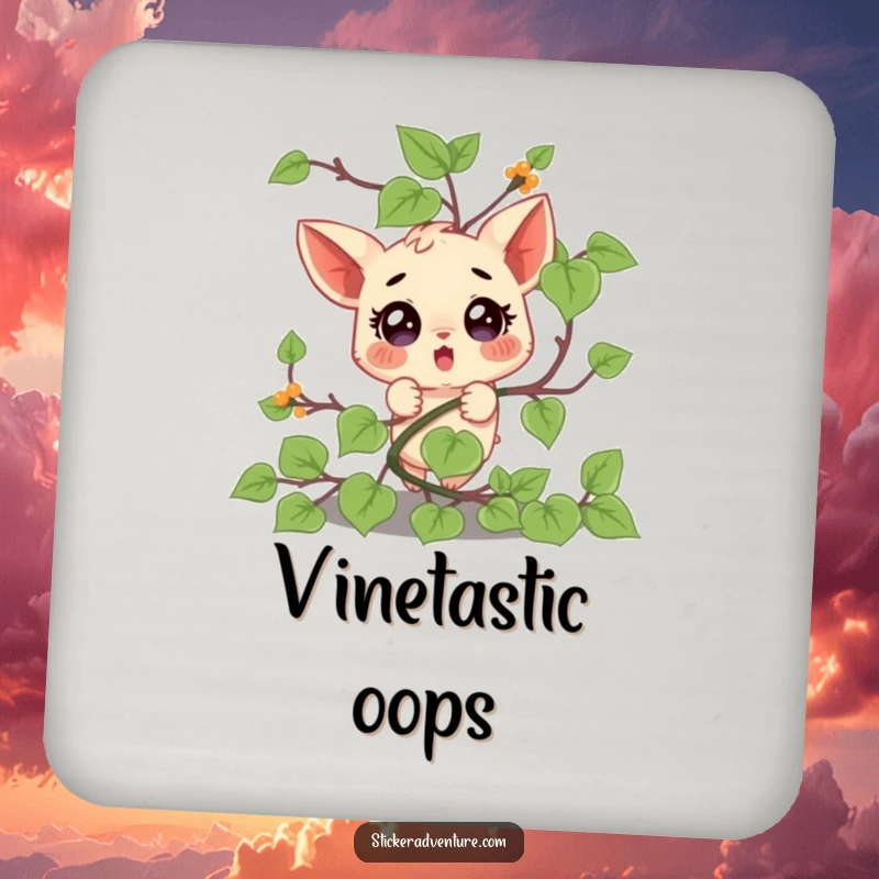 Funny drink coaster featuring a small character comically tangled in a vine, with a surprised expression, protecting surfaces humorously.