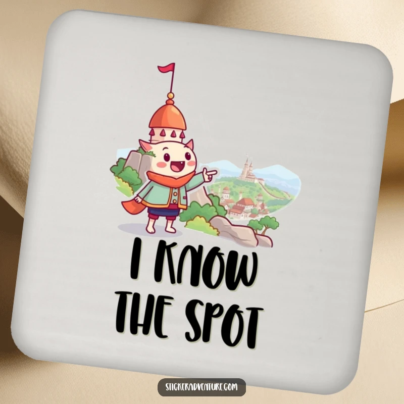 Funny drink coaster with a smiling character pointing at a whimsical landmark, protecting surfaces with humor and style.