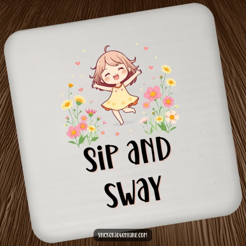 Funny Coaster featuring a cheerful character dancing happily surrounded by blooming wildflowers, adding a touch of joy.